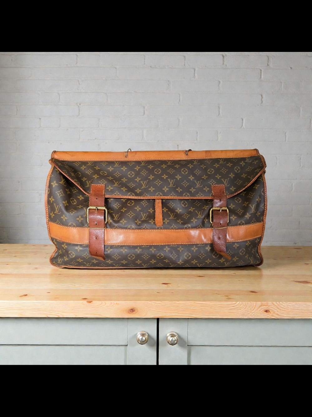 Vintage Louis Vuitton Brown Monogram Travel Satchel with Tan Leather Trim